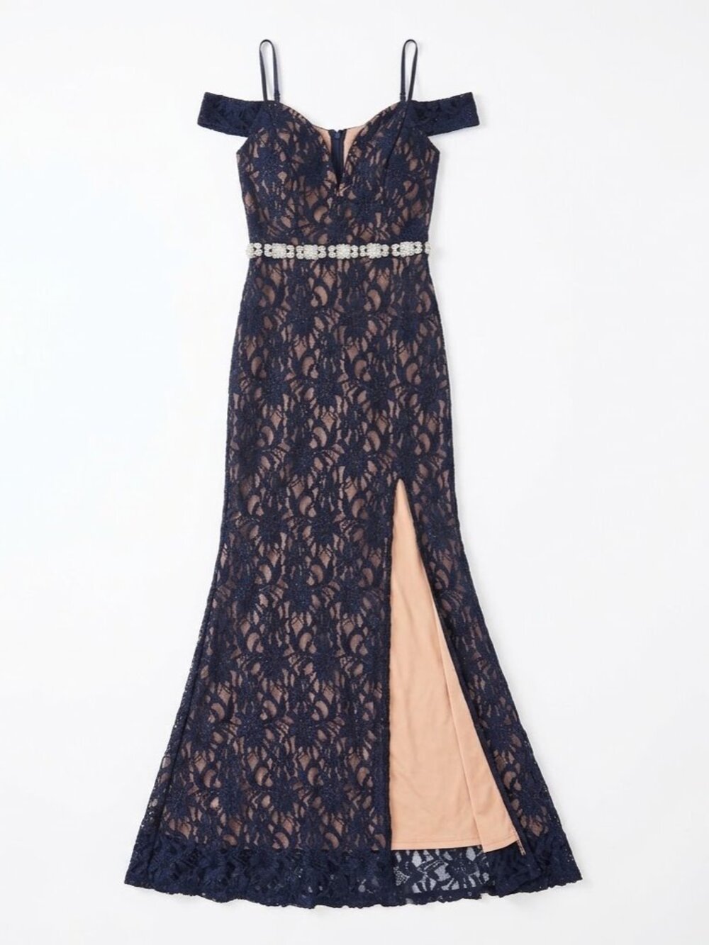 City Triangles Navy Blue Lace Rhinestone Slit Maxi Prom Dress Size 7